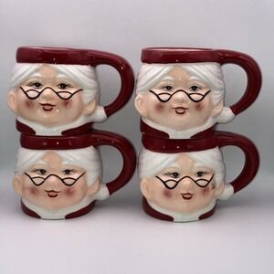 4 Vintage Pottery Barn Mugs / Mrs. Santa Claus / Ceramic 3" / Christmas / Flaws